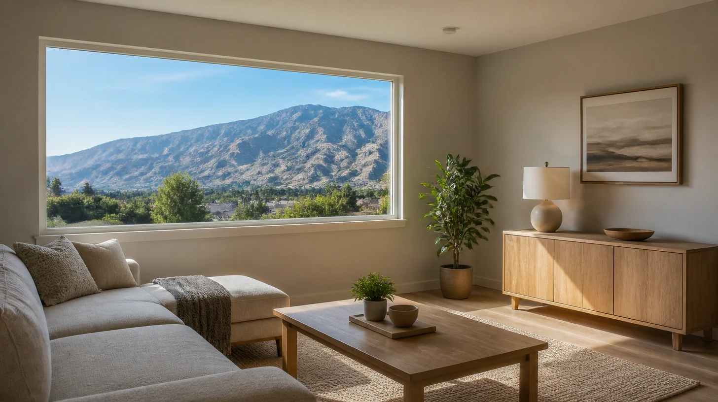 A living room with a wide picture window onto the mountains and the valley, a pale sectional sofa, a low timber table and a sideboard