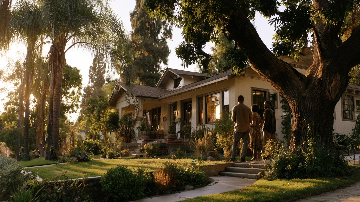 Three adults standing together on the walkway of an established North Hollywood bungalow at golden hour, viewed from behind as they look toward the property, representing beneficiaries considering an inherited home.