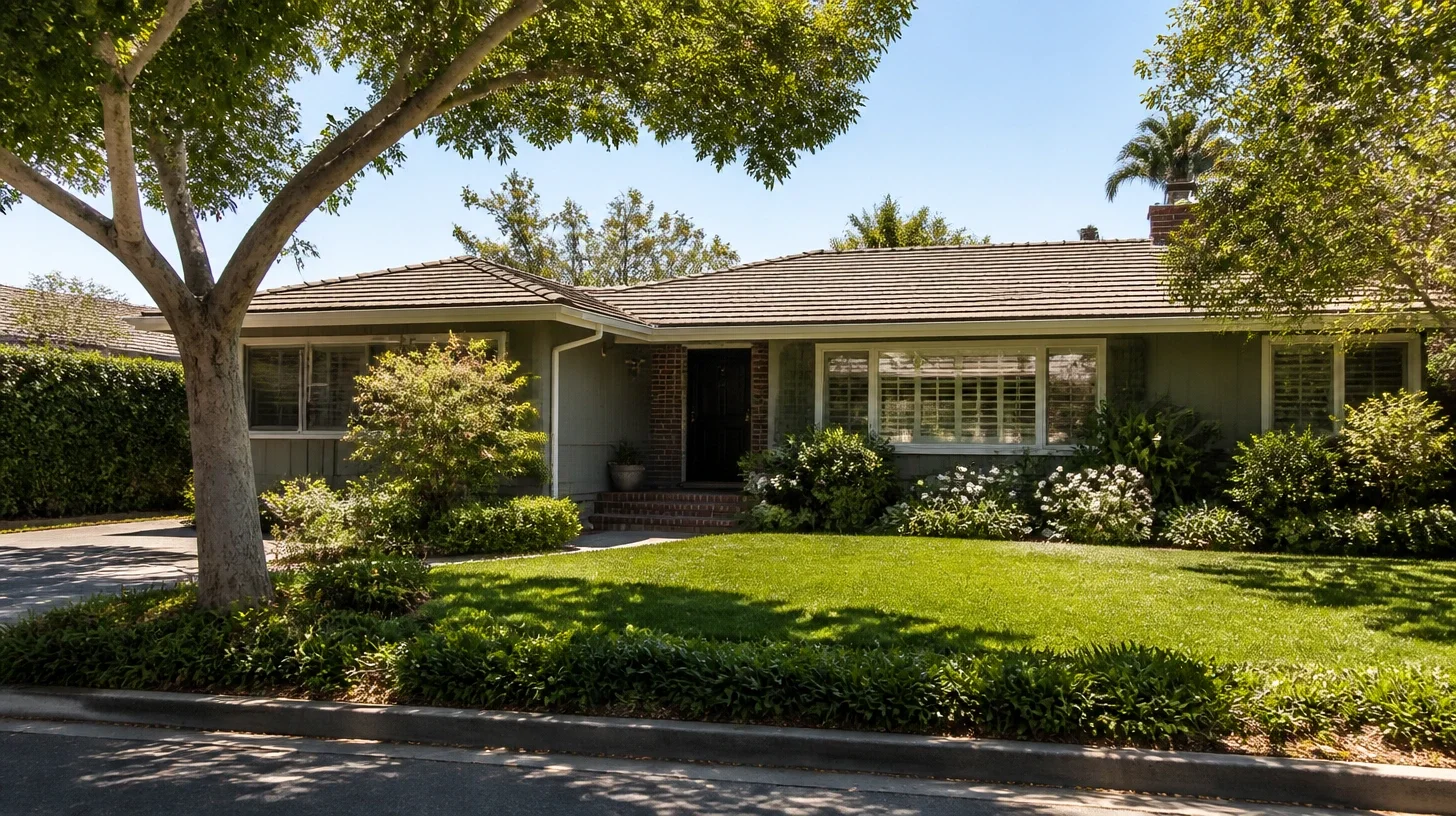 A mid-century Traditional Studio City home with a low-pitched roof and wide eaves, seen from the front verge