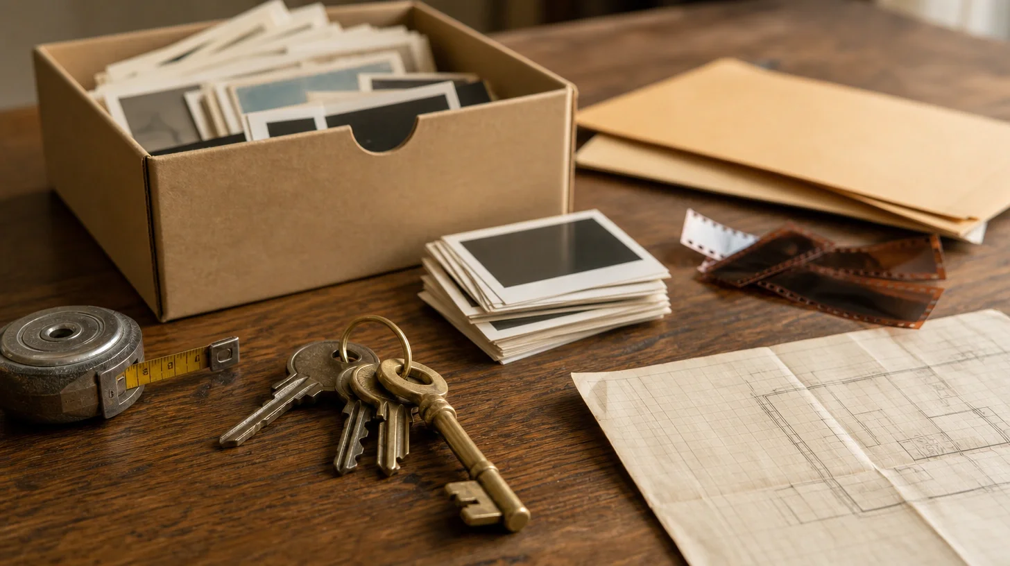Aged family photographs, a stack of instant prints, strips of film negatives, brass keys, a worn tape measure and manila envelopes arranged on a dark timber table