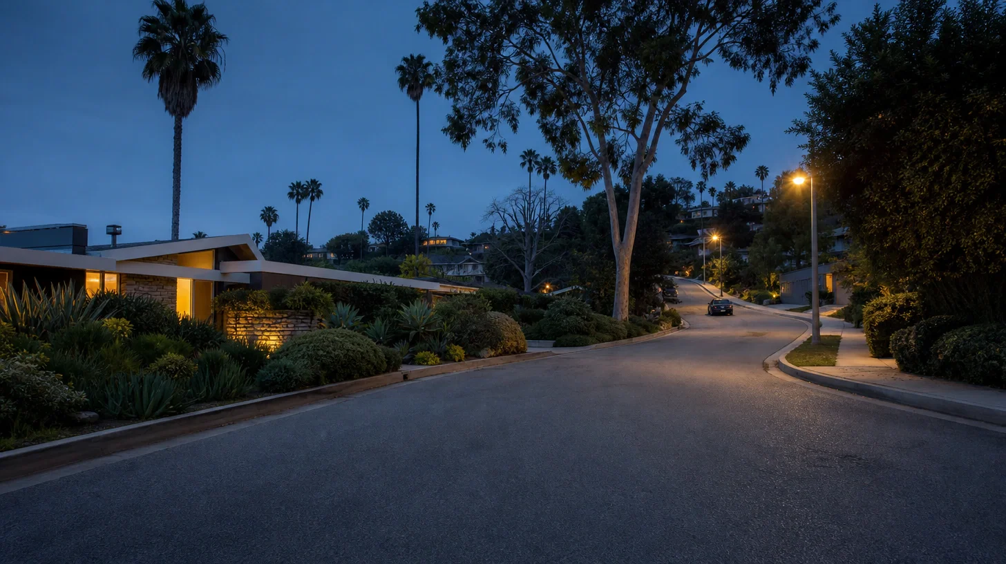 A hillside residential street curving away at blue hour, a mid-century post-and-beam house lit warm at the left, palms and eucalyptus against a deep blue sky and houses stepping up the slope beyond