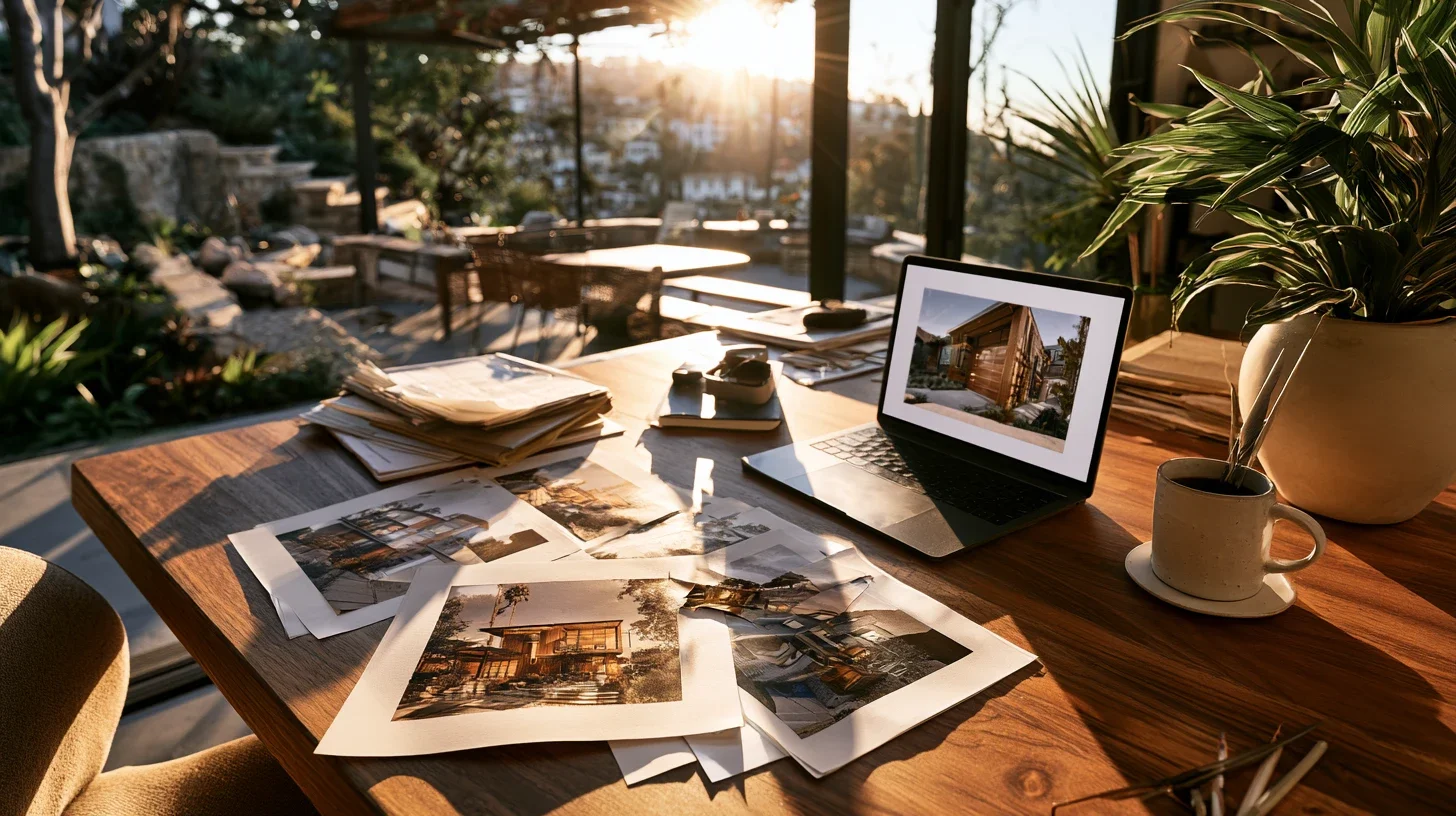 An appraiser's desk with printed comparable-property photographs and reference materials, representing the market evidence used to determine value.