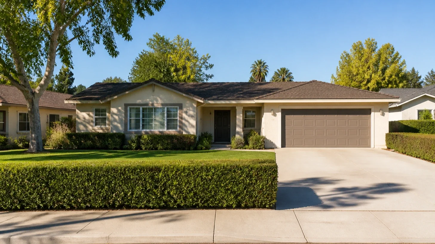 A modest single-storey Encino home on a flat parcel north of Ventura Boulevard, a level driveway running straight to the garage.