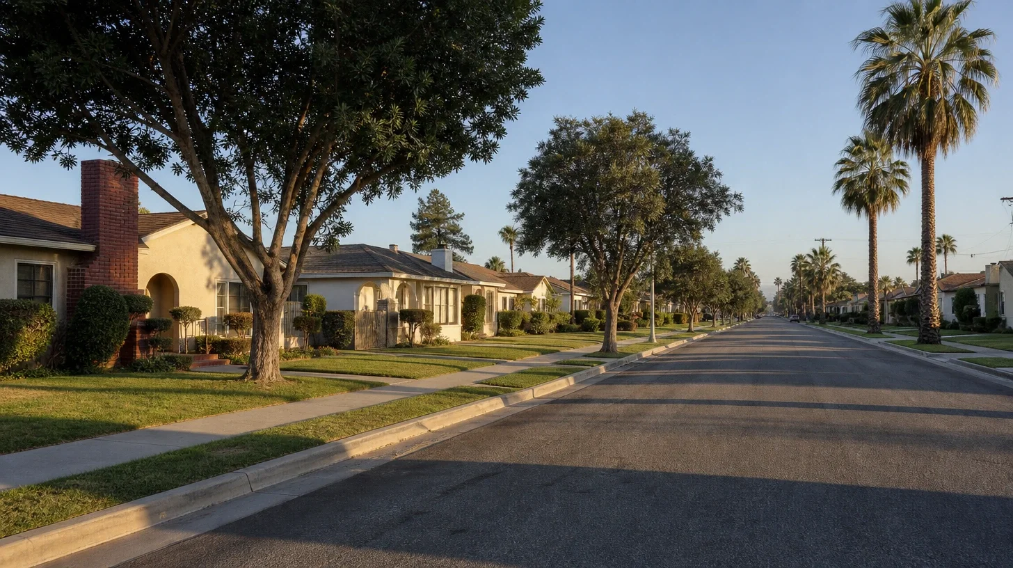 A long straight residential street in low afternoon sun, single-storey houses and lawns along the left, a receding line of tall palms on the right and a brick chimney close in the foreground