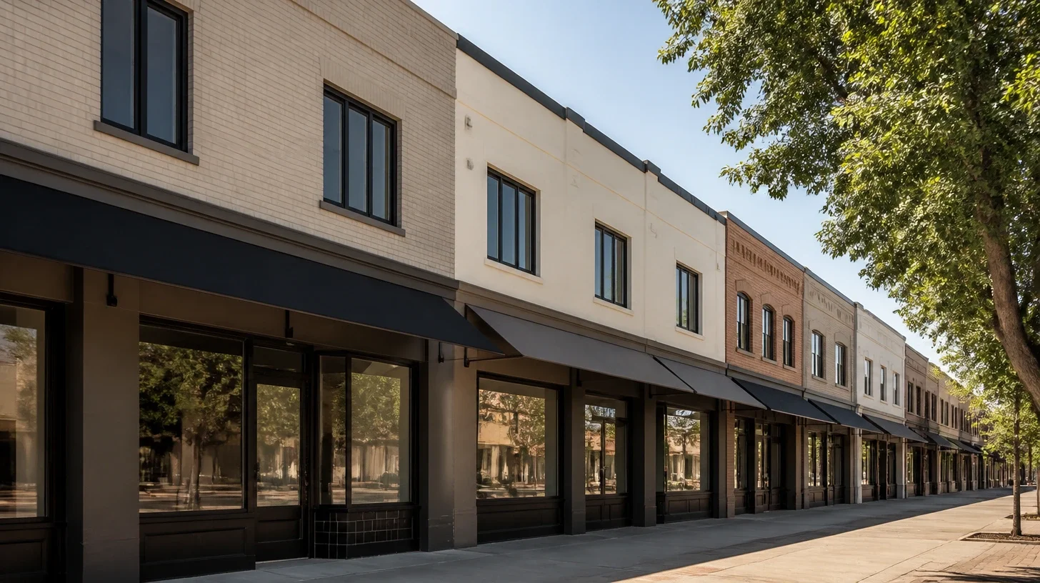 The upper storey above a Studio City shopfront band, punched windows and a consistent parapet line carrying the eye along the block