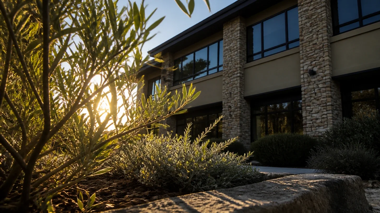 Olive foliage in a Calabasas commercial planted setback, lit from behind so the leaves are translucent, with the stone and stucco elevation of the building held in shade beyond it