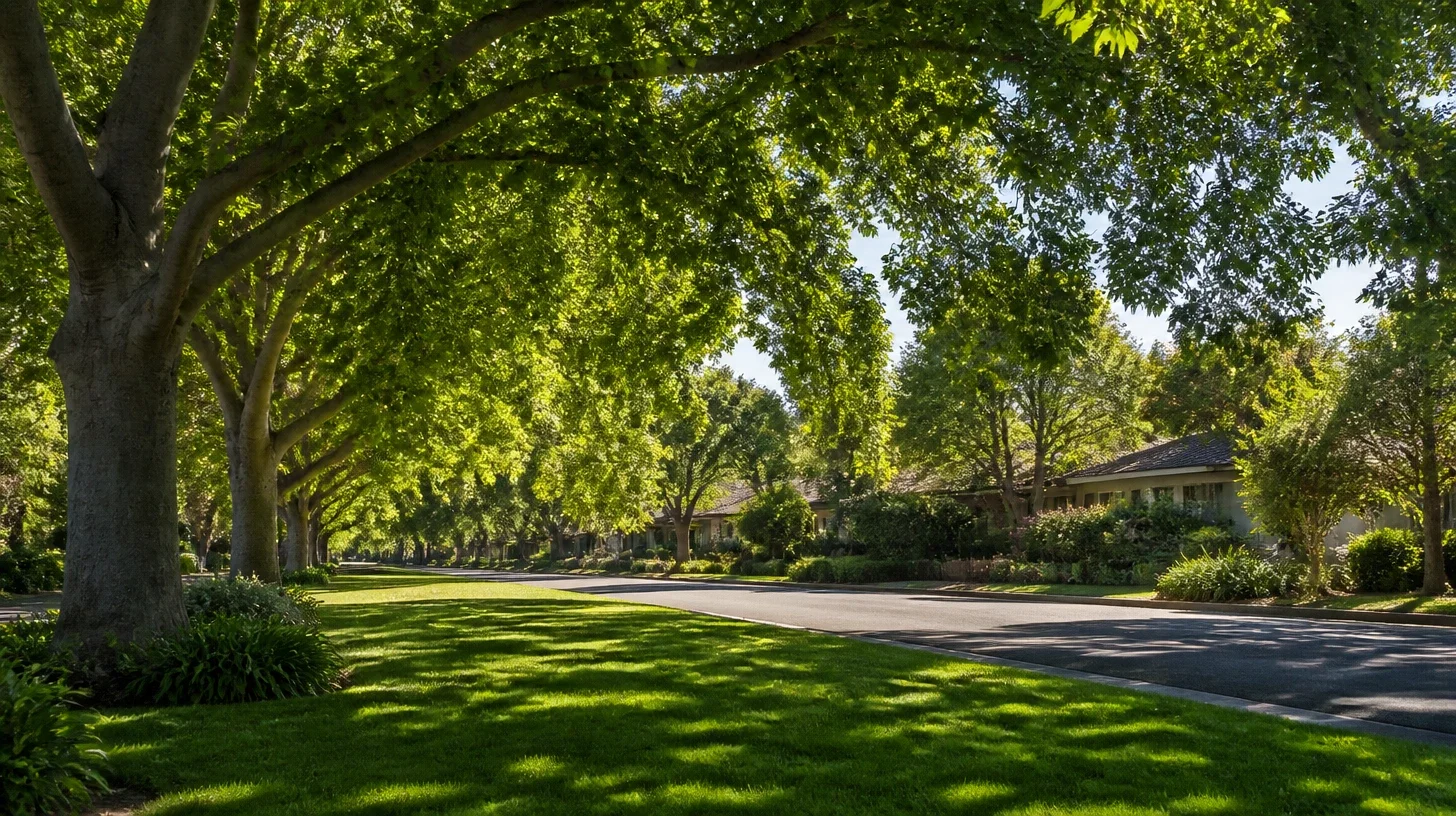 A level Studio City residential street seen from the grass parkway beneath arching broadleaf canopy, homes set back behind grown-in planting