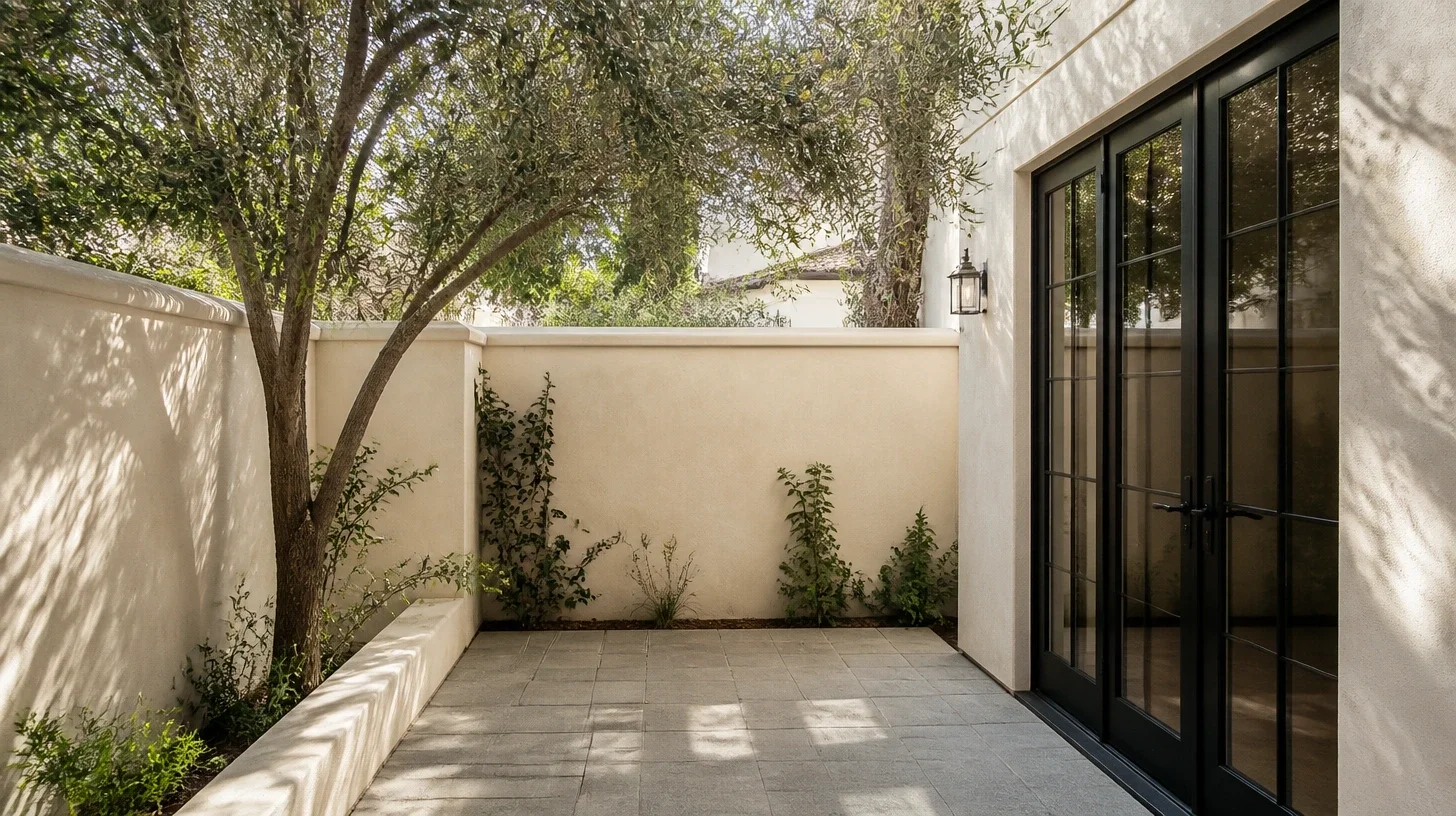 An enclosed courtyard with a mature olive tree over a cream stucco wall, large grey pavers underfoot and black French doors, in hard midday dapple