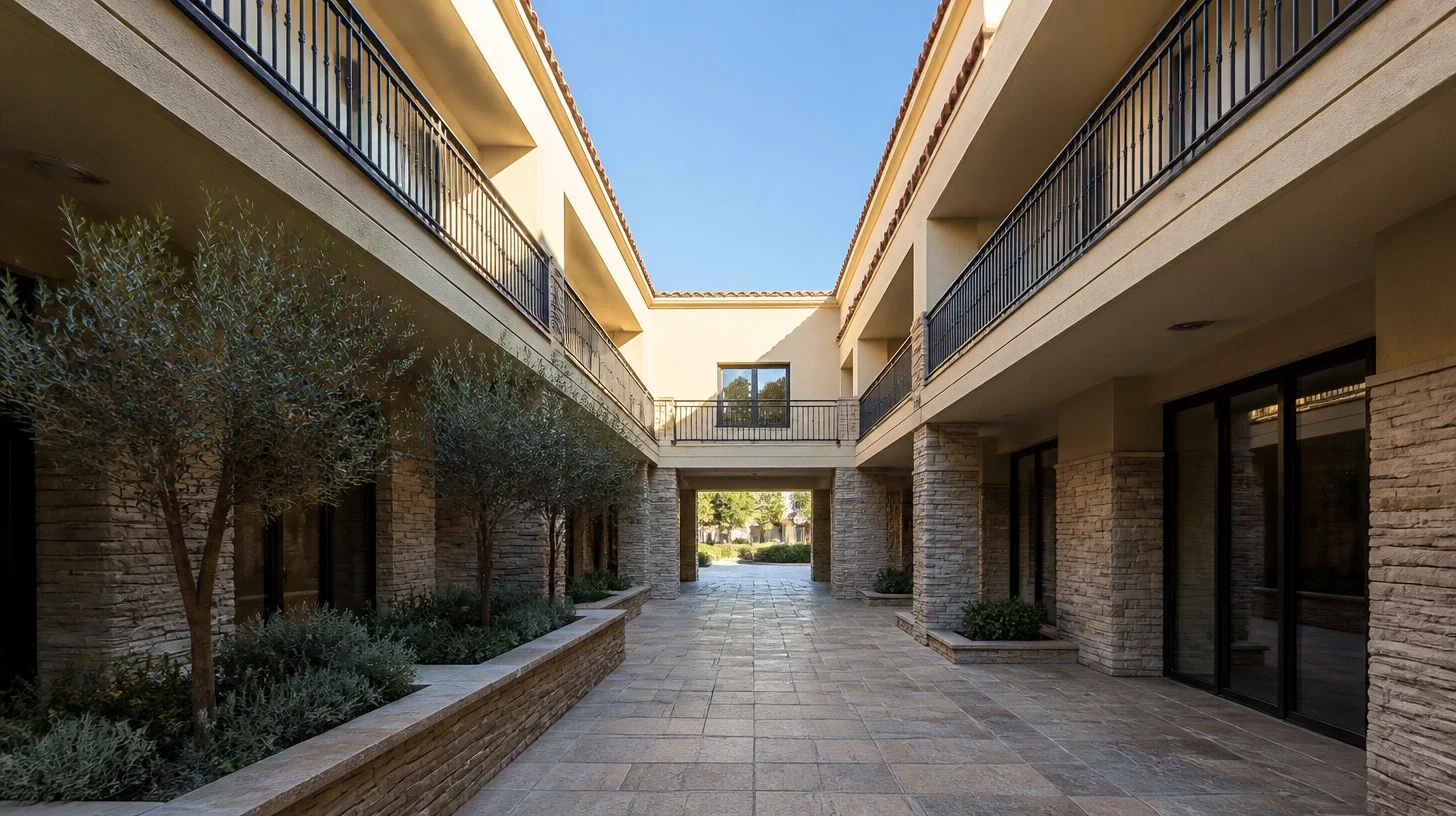 A paved court between the two-storey wings of a Calabasas commercial building, sun reaching only the upper storey and the court below in cool light, opening through an archway to daylight beyond