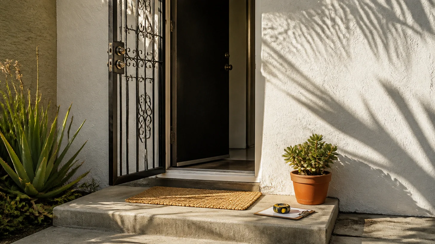 A concrete front stoop in hard side light, with a wrought-iron security screen standing open against a dark front door, a coir mat, a terracotta pot of jade and palm shadow falling across white stucco