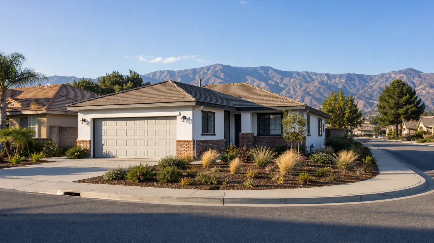 A hip-roofed ranch house on a corner lot in pale render with brick wainscot, a wide two-car garage door facing the street and ornamental grasses on a curved corner bed