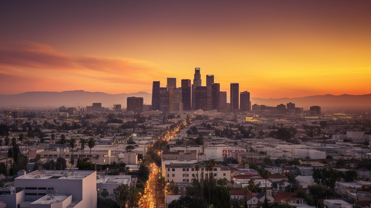 Skyline of Wilshire District at sunset with modern high-rise buildings, illuminated boulevards, and palm trees, representing professional probate appraisal services in Los Angeles.