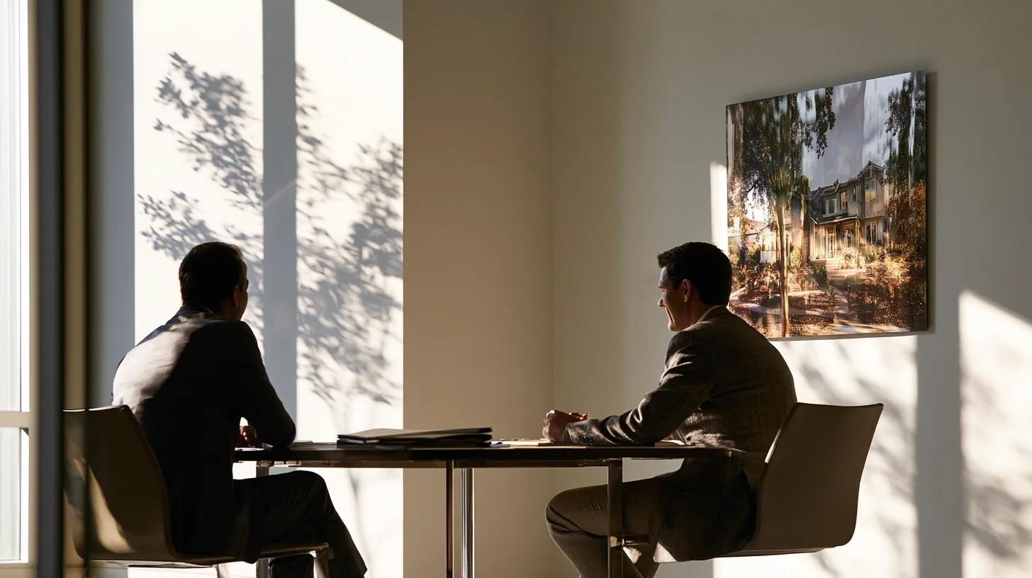 Two professionals seated at a table in a calm office with closed folders, representing counsel coordinating a neutral property valuation.