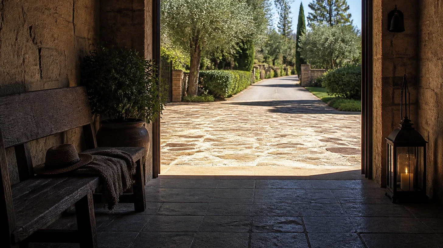 The view out from a shaded entrance porch at a Calabasas home, a bench and a lit lantern in deep shadow and sunlit paving beyond leading to a private lane