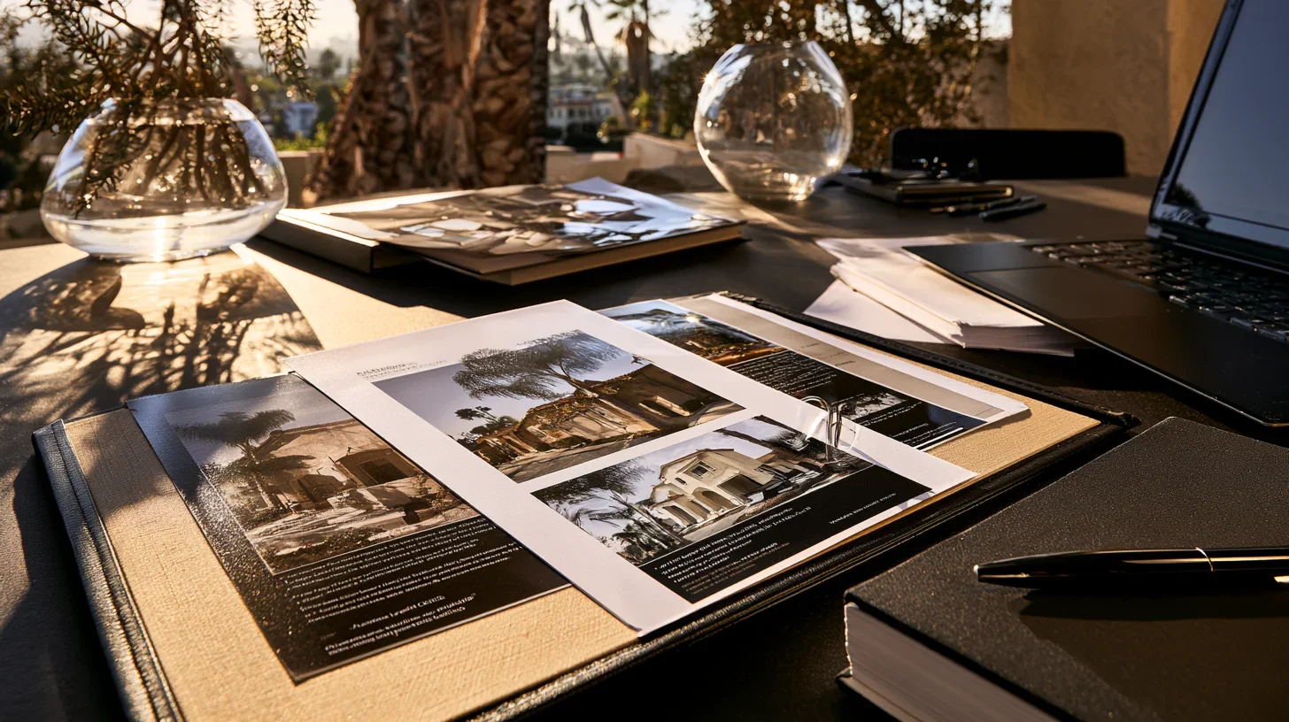 A bound appraisal report open on a table showing property photographs and analysis pages, representing the completed documentation delivered to the client.