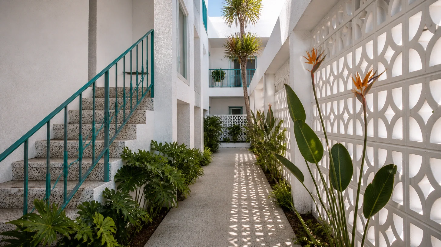 The planted courtyard walkway of a mid-century garden apartment building, with a white breeze-block screen, a terrazzo stair and teal steel handrail, and an exterior gallery on the floor above