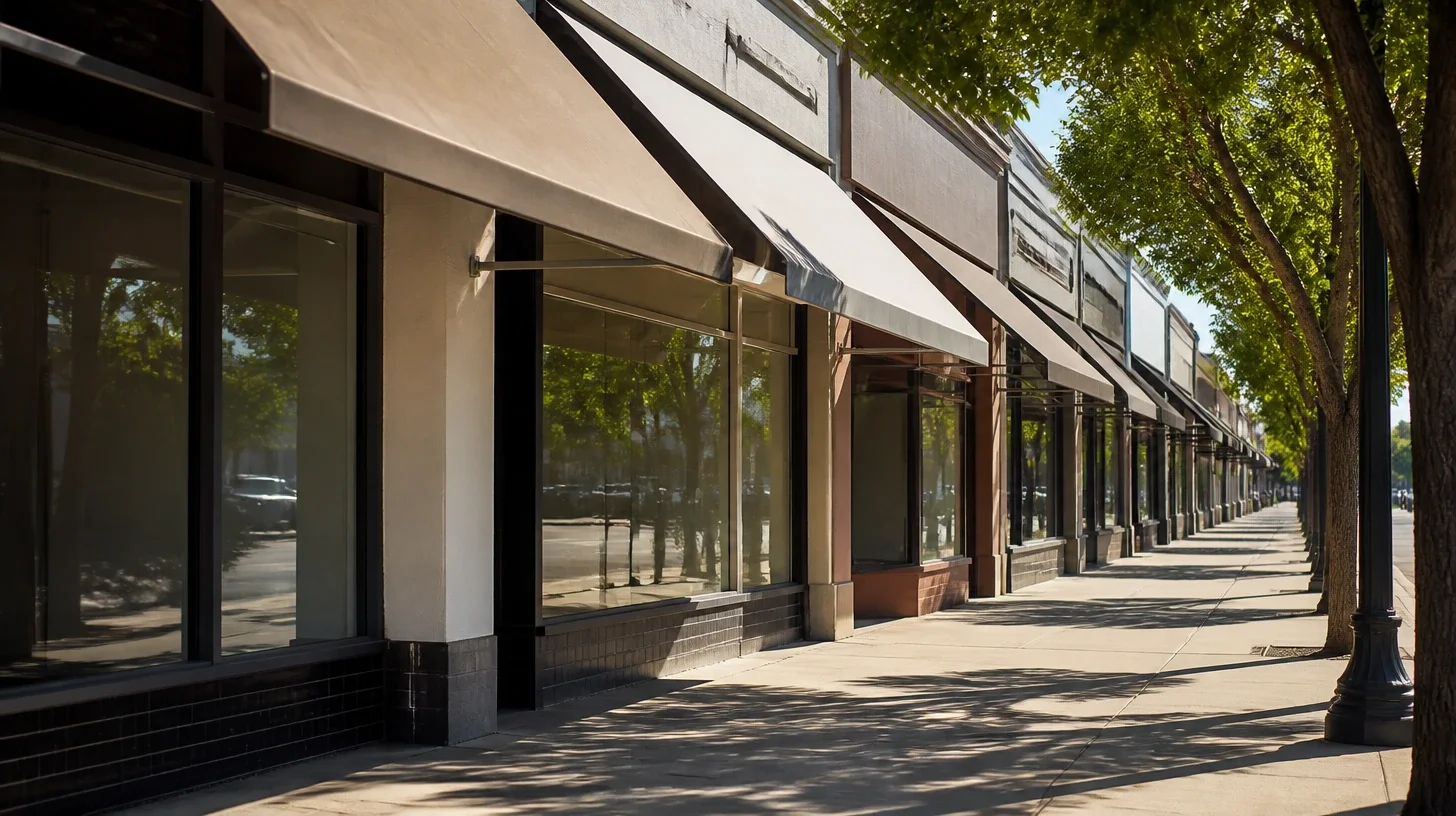 A sequence of plain shop awnings along a Studio City frontage seen from beneath and along their length, their shadow falling across the footway