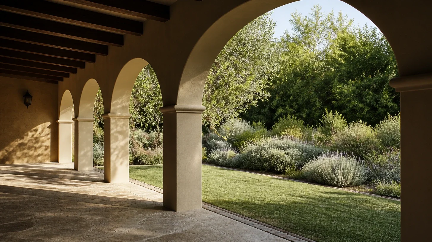 A covered loggia at a Calabasas home, plastered arches and a beamed timber ceiling in deep shade opening onto a bright lawn and managed planting