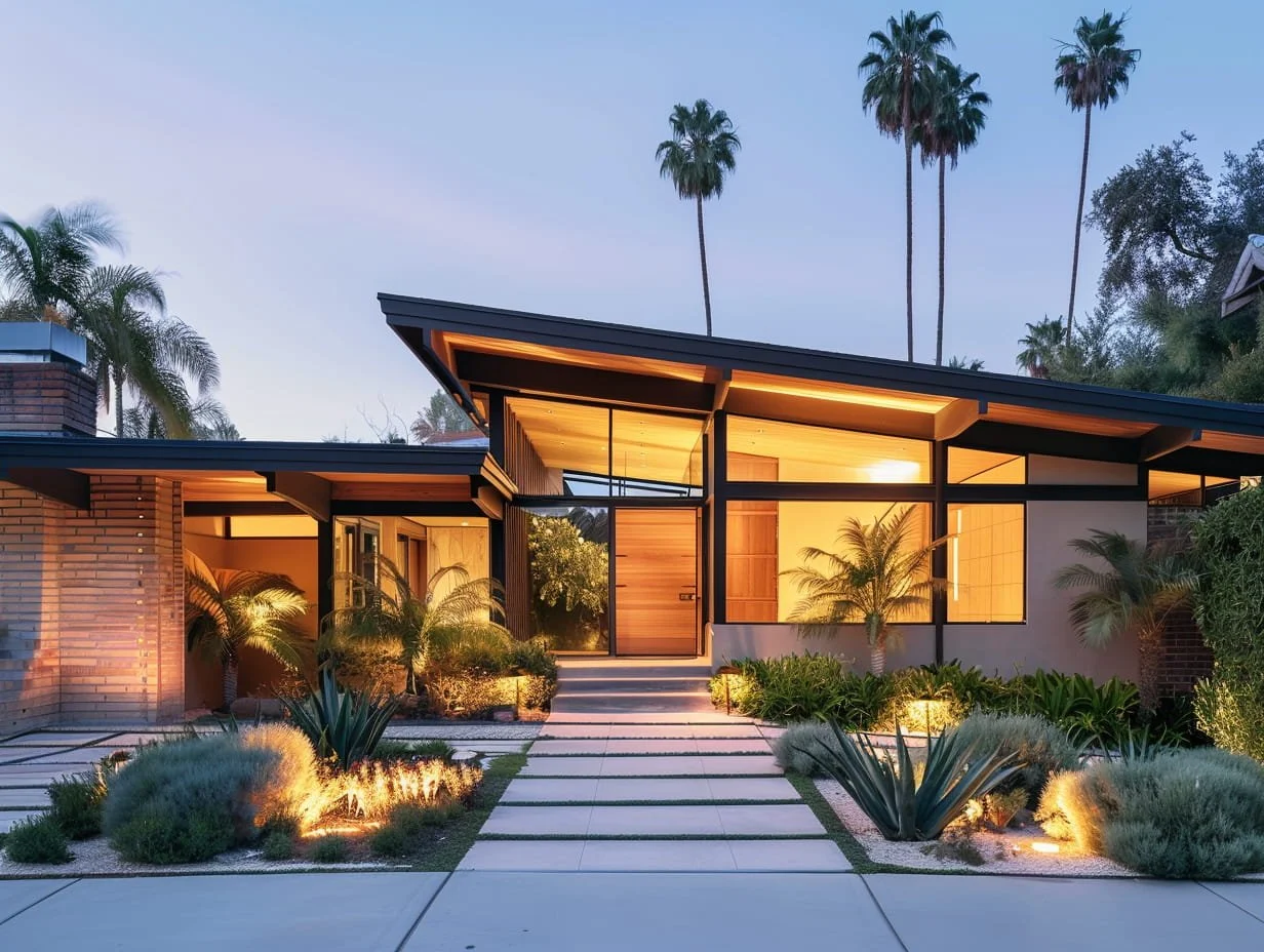 Los Feliz mid-century facade with palms and hillside context at golden hour