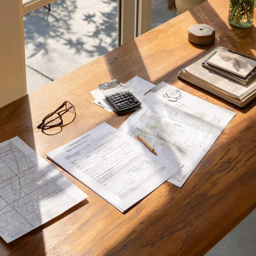 Burbank inheritance appraisal workspace with printed date-of-death valuation, calculator, and photo of a Magnolia Park home — neutral documentation support for heirs, CPAs, and successor trustees in Burbank and Los Angeles County.