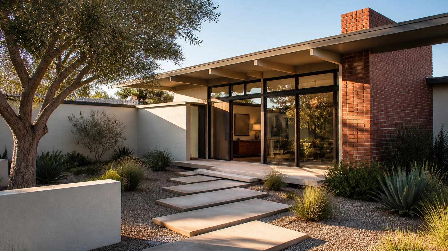 A postwar house entrance with a wide flat overhang carried on slim posts, a brick chimney mass to the right, full-height dark-framed glazing, and rectangular concrete pavers stepping across gravel between olive trees and agaves
