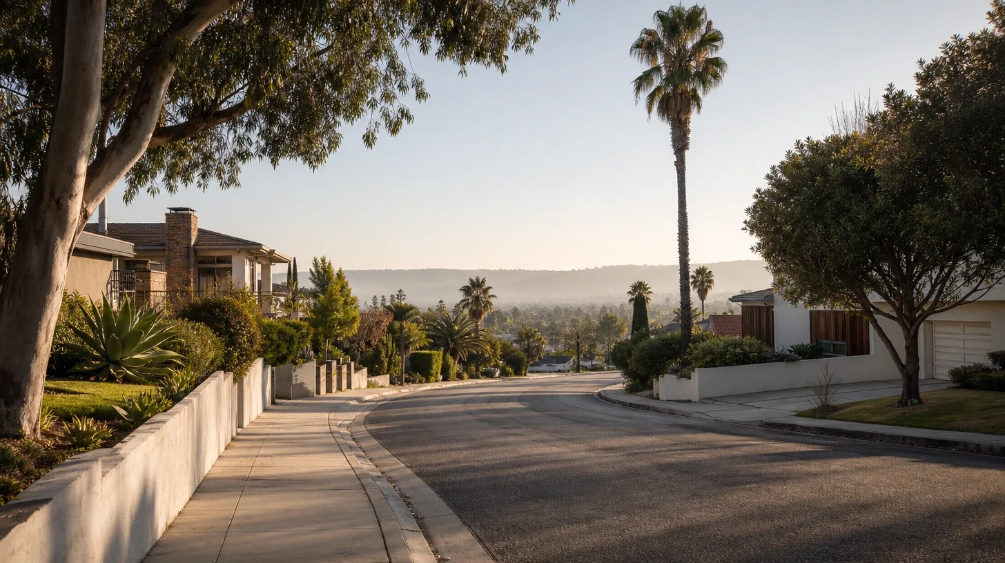 A curving hillside residential street at golden hour, eucalyptus overhead, white retaining walls holding the grade and palms and red barrel tile roofs falling away toward a hazy ridge