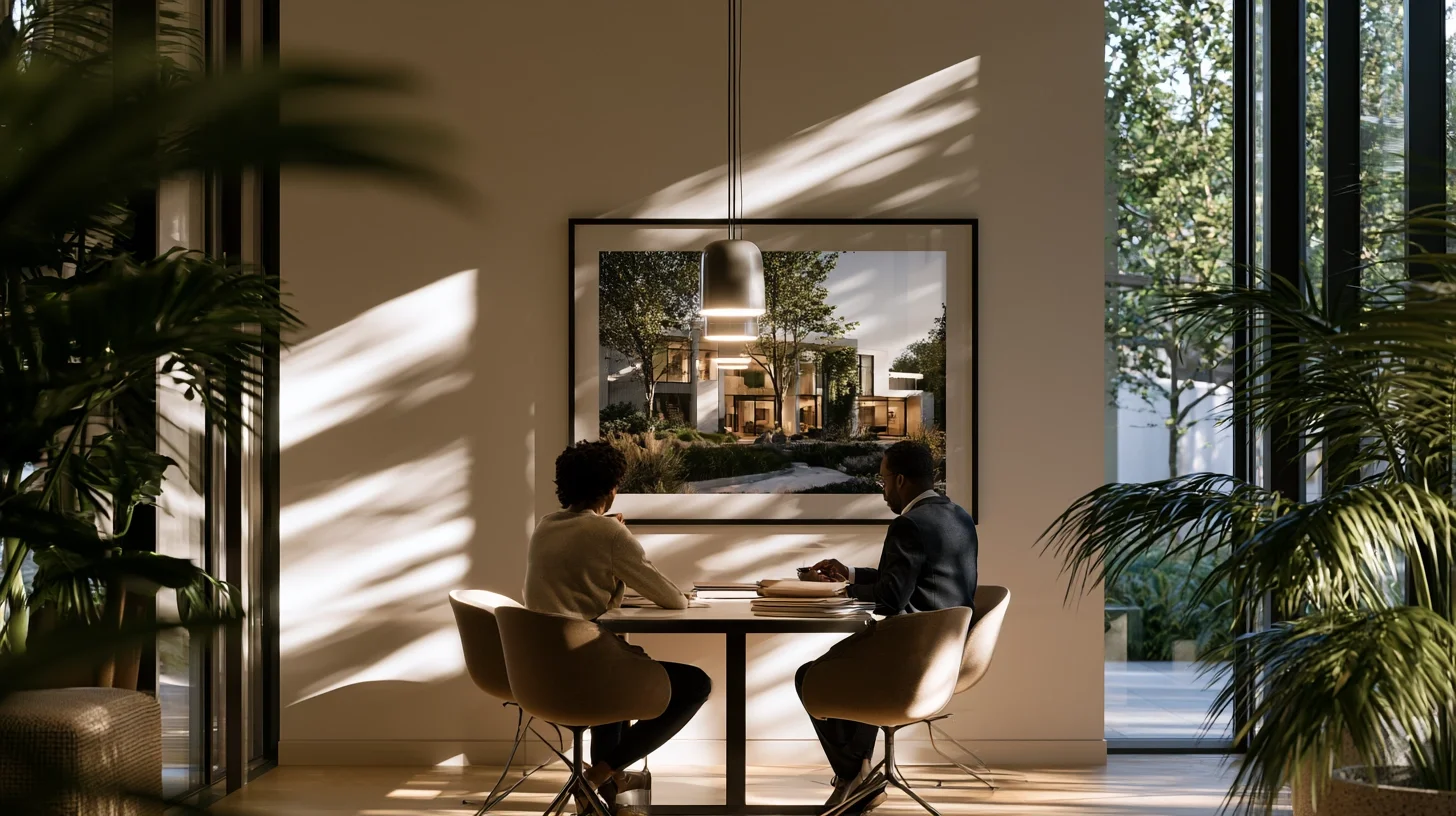 Two people seated at a table in a daylit office, seen from behind, with closed folders between them and a framed photograph of a house on the wall.