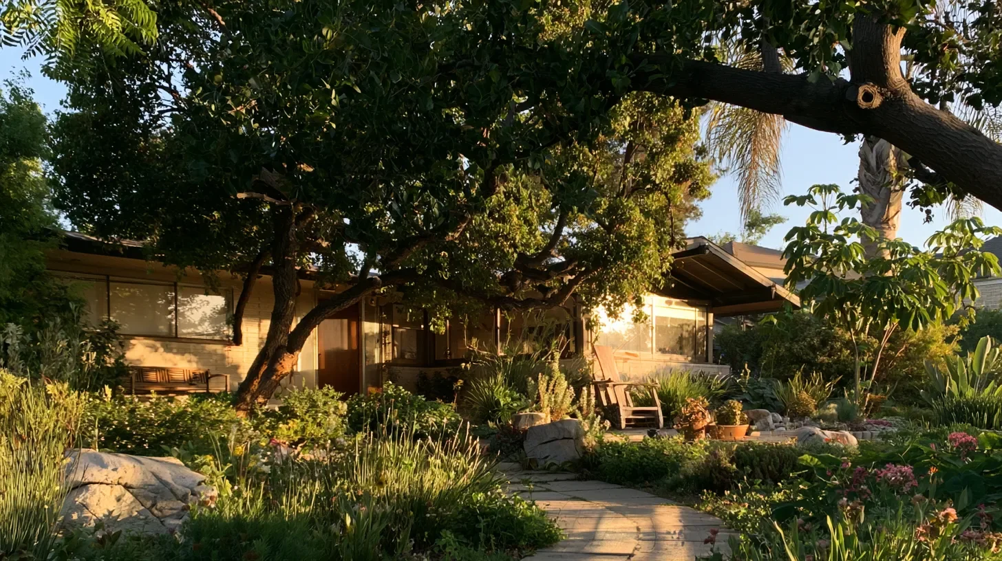 Front garden and shaded patio of a long-held single-storey North Hollywood home in warm late-afternoon light.