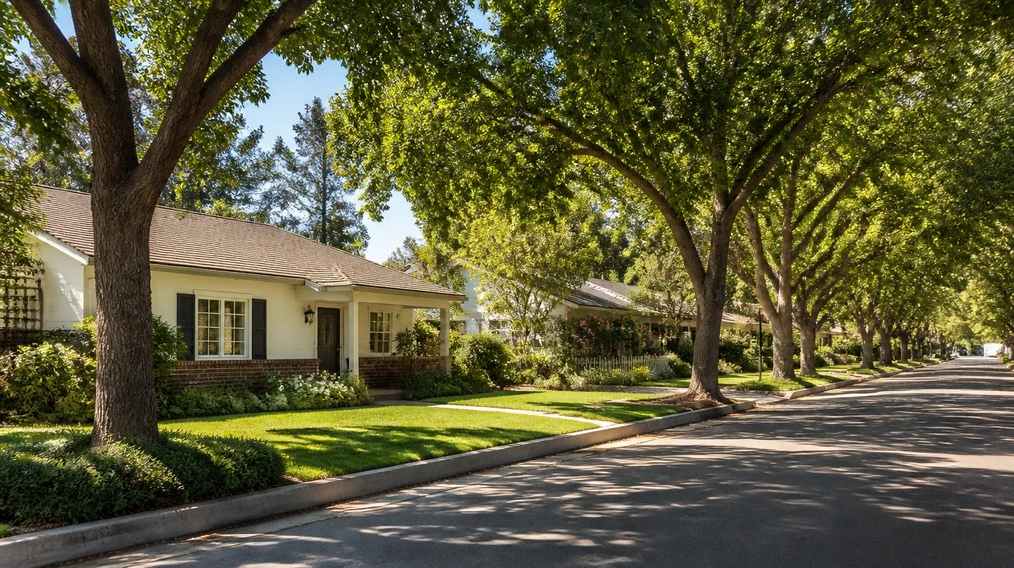 An ordinary Studio City residential street, a cream stucco single-storey home behind a mown lawn beneath a mature tree canopy.