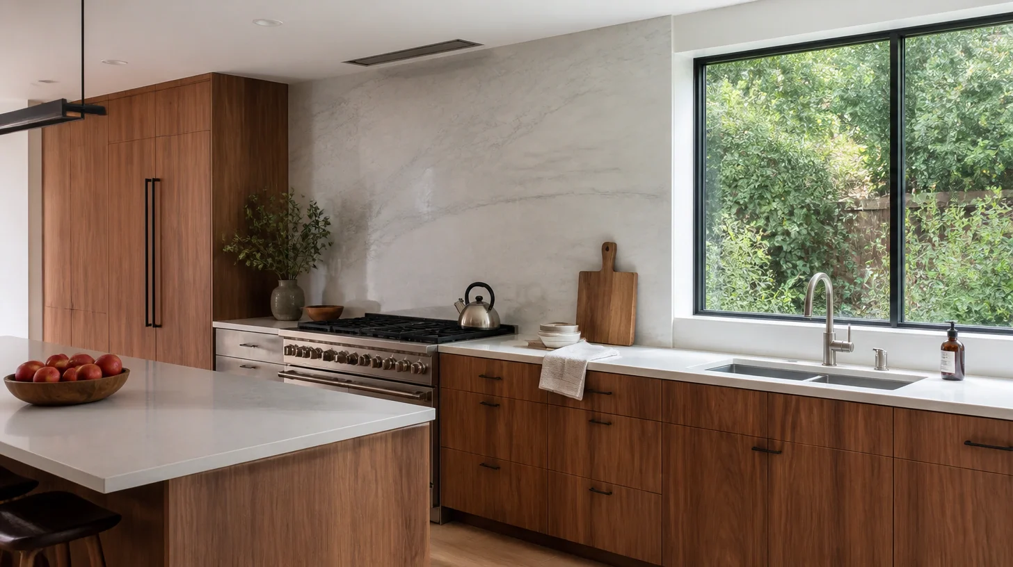 A renovated kitchen with flat-panel walnut cabinetry, pale stone counters and splash, a stainless range and a wide window onto dense greenery