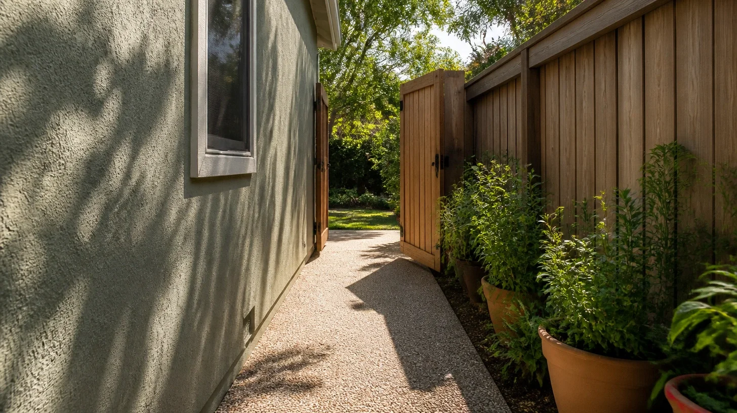 The narrow side passage between a Studio City house and its boundary fence, seen from the front corner with a timber side gate standing open partway down