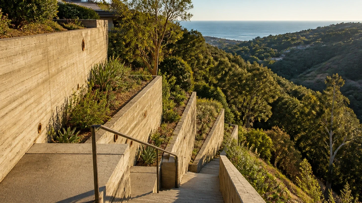 Board-formed concrete retaining terraces stepping down a Malibu hillside with weep outlets through the wall faces and a stair descending beside them, raked by warm low sun, the canyon falling away to open water