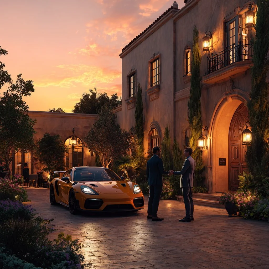 Luxury Riviera Village home twilight, Mediterranean style, premium landscaping, appraiser handshake with home seller, elegant magazine scene