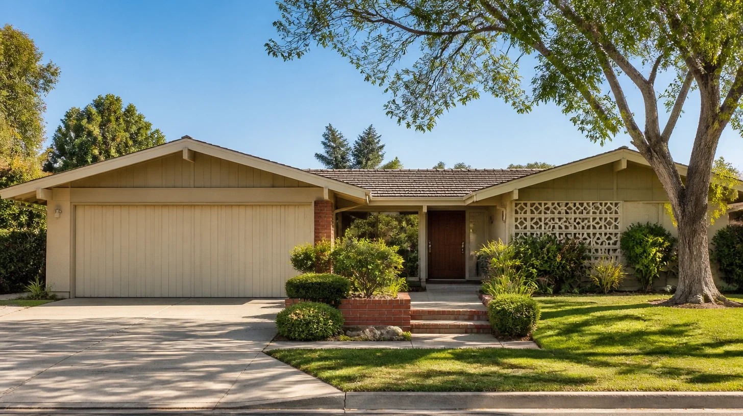 The frontage of a single-storey Encino home with an attached garage under a continuous low-pitched roof, planting mature and maintained.