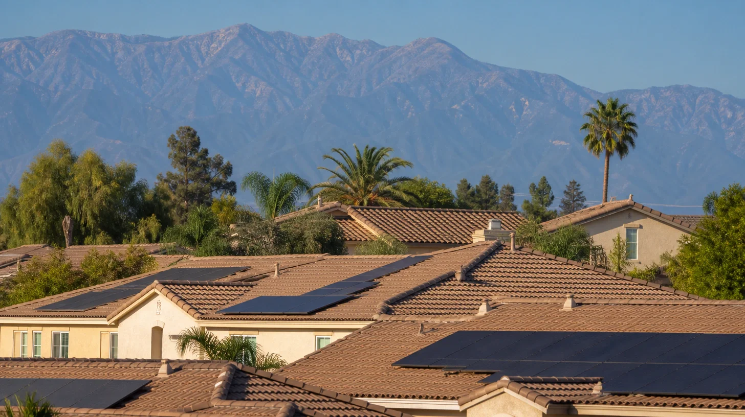 A view across the barrel-tile rooftops of a residential neighbourhood, some carrying solar panels, with mature palms, trees and the San Bernardino Mountains rising beyond in clear morning light