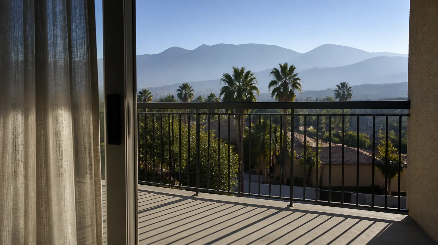 A balcony seen from inside past a sheer curtain, with a metal railing, mature palms below and a hazy mountain range across the valley beyond