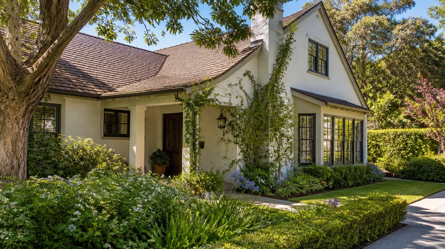 A storybook-cottage Studio City home photographed close from the front verge, with climbing planting on the stucco and a deep shaded porch