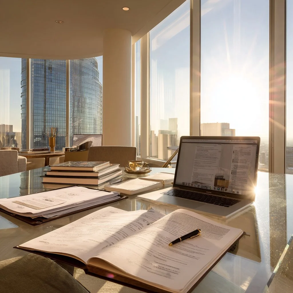 DTLA condo divorce appraisal documents table glass window city sunrise