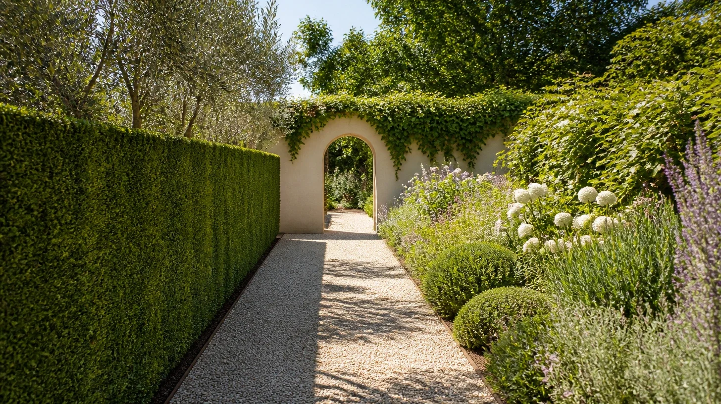 A gravel garden walk running between clipped hedging and a deep flowering border, ending at an arched opening in a rendered garden wall