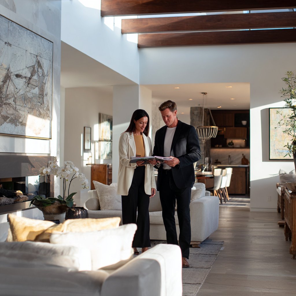North Redondo home, sunlit open living room, trusted appraiser at table with homeowners, luxury interior magazine style