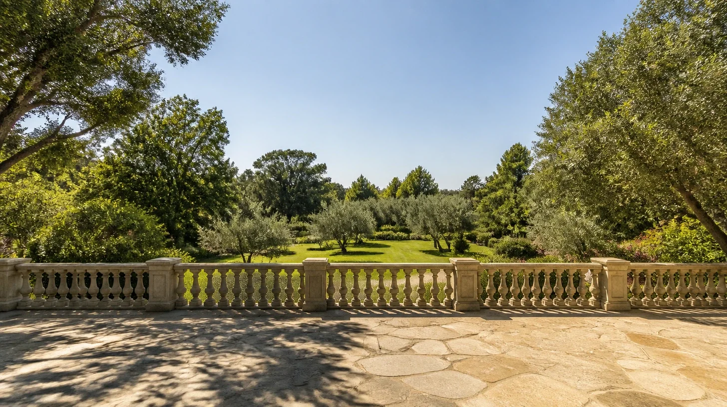 A broad paved stone terrace with a low balustrade along its far edge, the planted garden and an olive lawn lying beyond, mature trees framing both sides