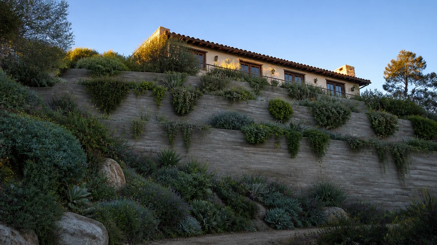 A Malibu residence seen from the foot of its own terracing, board-formed retaining walls in mature planted tiers rising away and the eave line and chimney above rimmed by the last direct sun