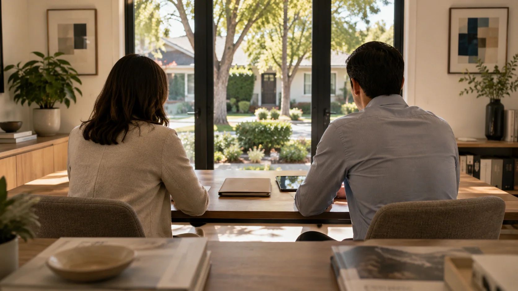 Two people seated at a table in a daylit office, seen from behind, with a closed laptop and a tablet on the table and a residential street beyond the window.