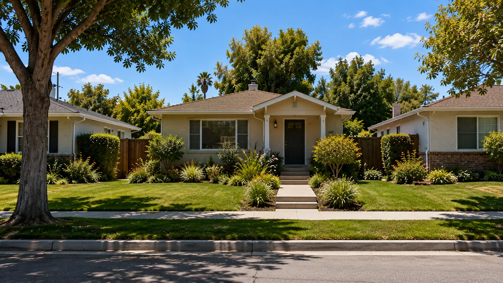 A single-storey home viewed straight on from the public sidewalk, with the neighbouring properties visible at both sides of the frame.