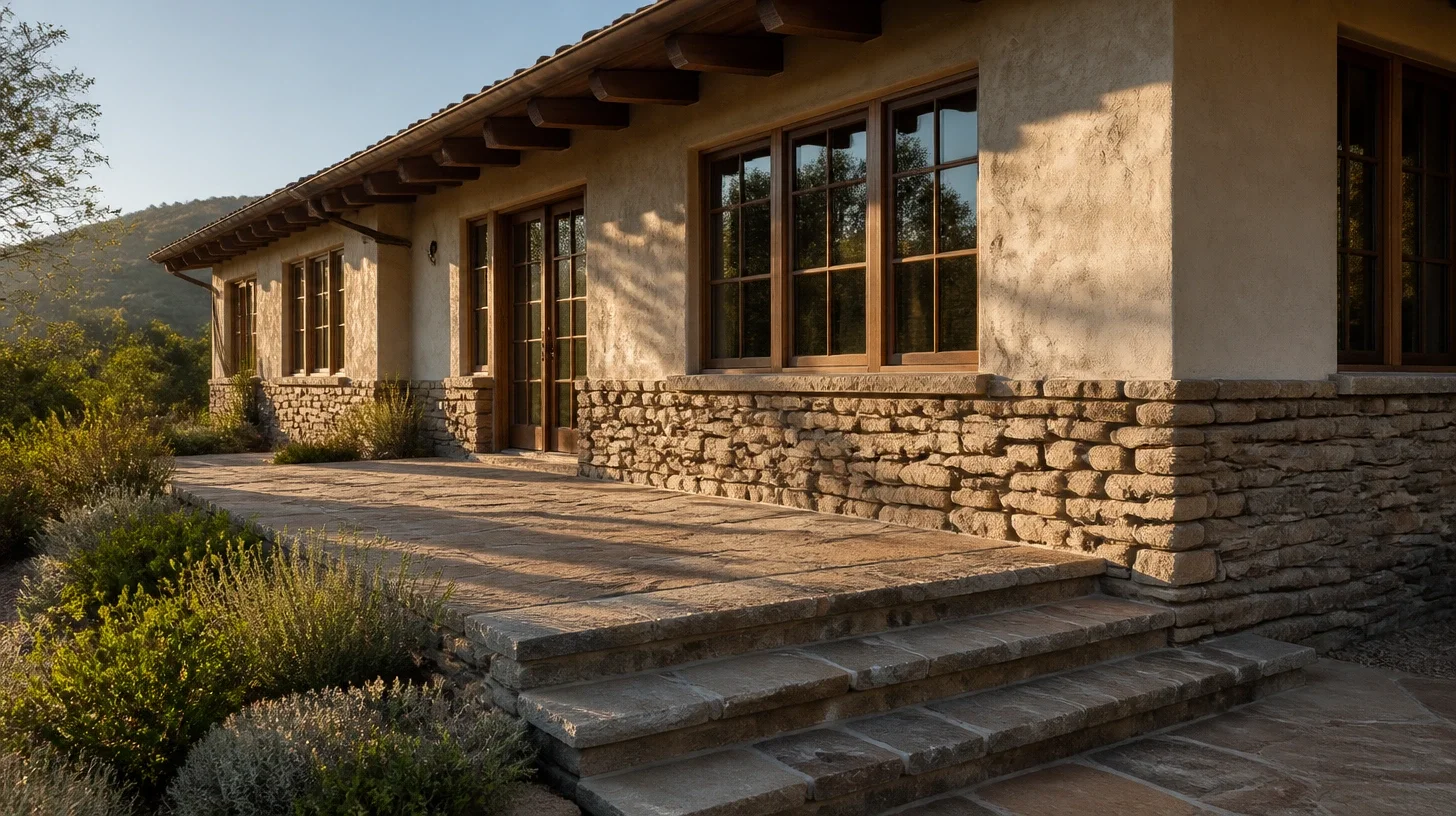 The front of a Malibu residence running away obliquely with its stone terrace and treads leading in, a coursed stone base course along the elevation and a deep eave on exposed rafter tails above, low sun raking across it