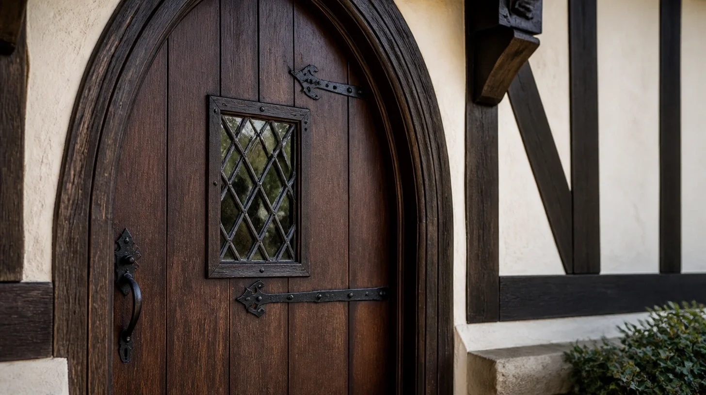 A close view of an arched dark oak plank door with a small diamond-leaded window, heavy black strap hinges and a wrought thumb-latch, set in pale stucco beside half-timbering and a carved corbel