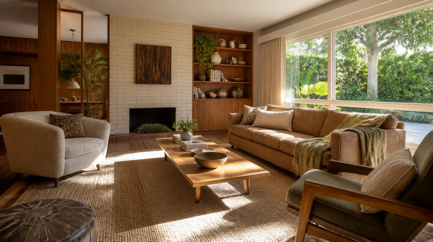 A furnished, lived-in living room in an Encino home of the period, daylight falling across the floor, momentarily unoccupied.