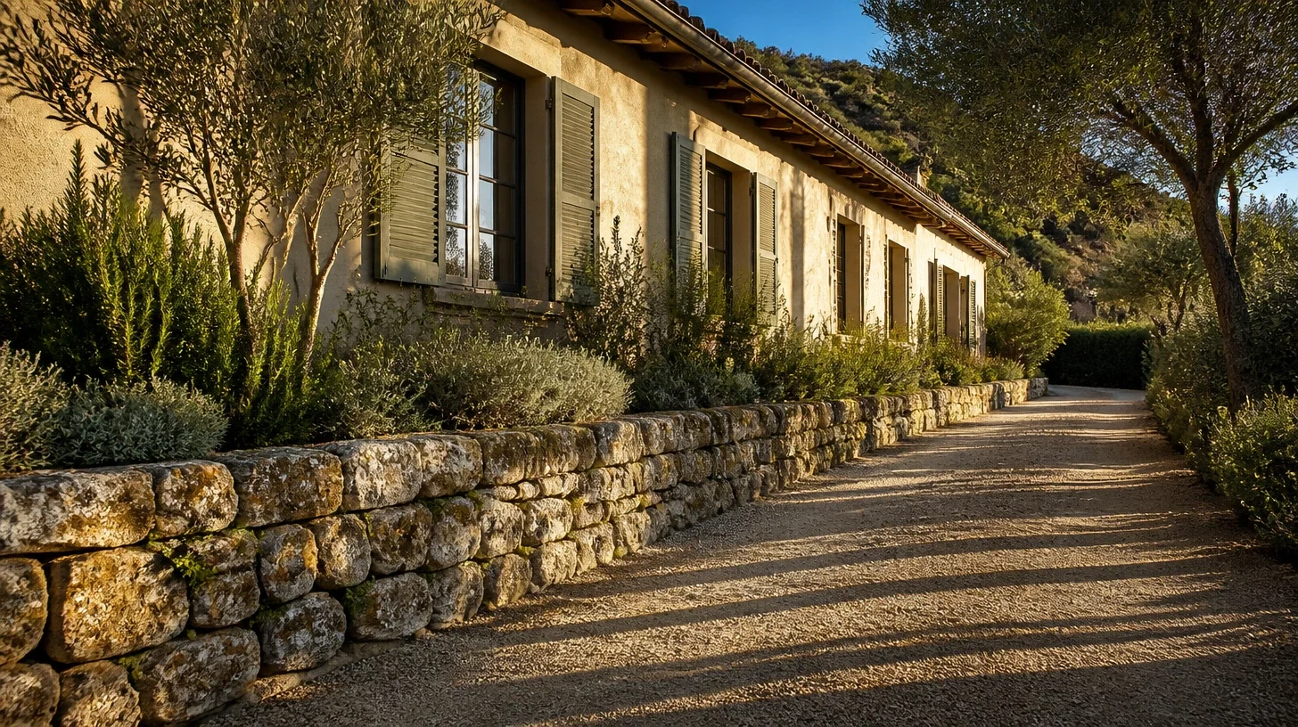 Low sun running straight along the frontage of a Malibu house, the coursed stone base standing up in the raking light and a row of olives throwing long bars of shadow across the gravel drive