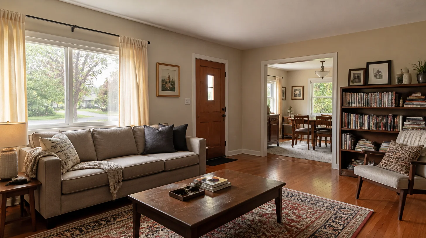 A living room in use, with a fabric sofa and cushions, a lit side lamp, a patterned rug, a low table of books, framed pictures, a filled bookshelf and a dining room visible beyond