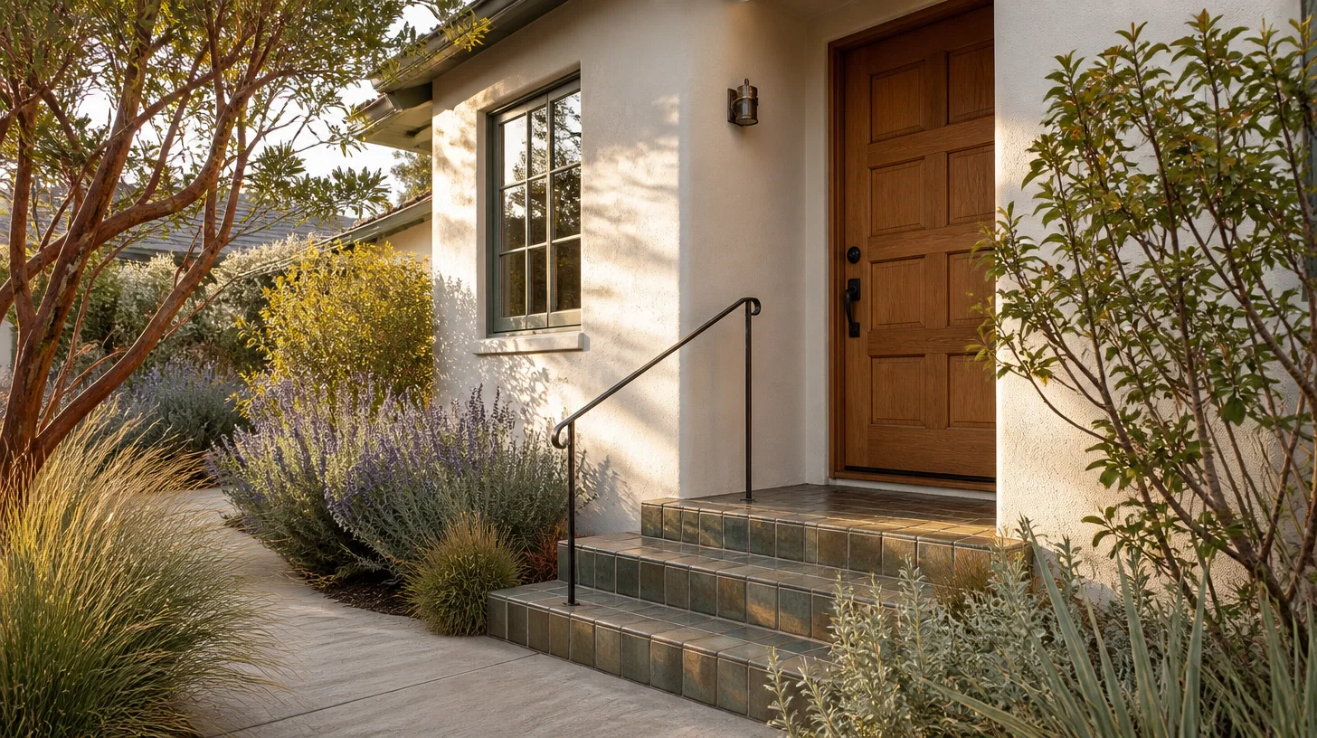 The front entry of a detached single-family house in white stucco, with a wide oak panelled door, tiled steps, a slim iron handrail and a gravelled bed of lavender, grasses and olive